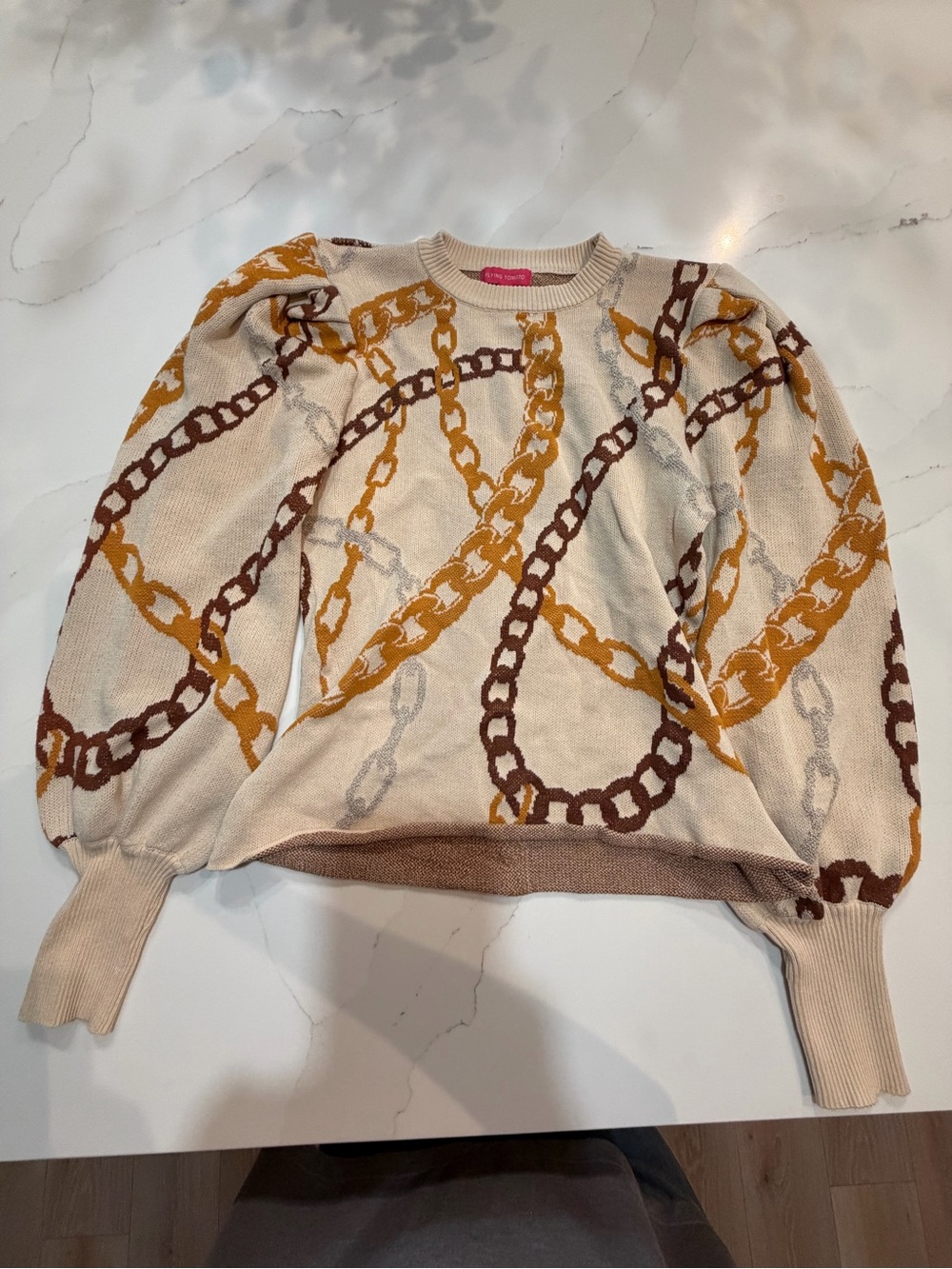 Flying Tomato Cream Chain-Print Crewneck Sweater with Mustard & Brown Chains